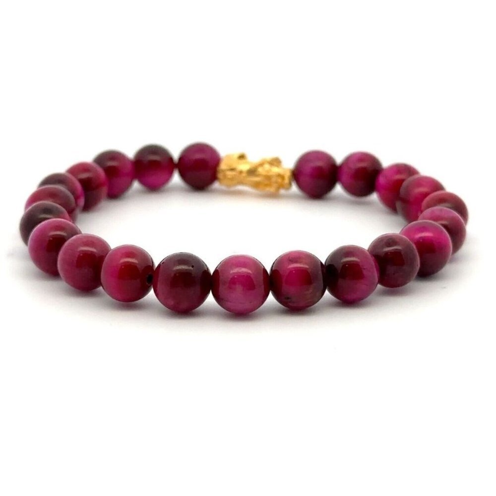 Dyed Tiger's Eye Magenta Stretchable Bracelet Size 7.5 w/ 24K Gold Dragon - Picture 6 of 8